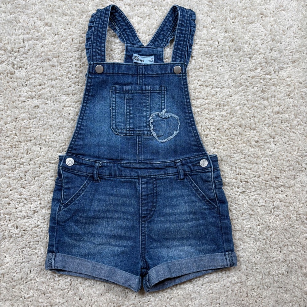 Epic Threads Kids Denim Overalls Shorts Apple Patch Ruffles Size 6‎